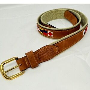 Zeppelin Belt Mens 38 Leather green Canvas Nautical Flags Embroidered Made in US
